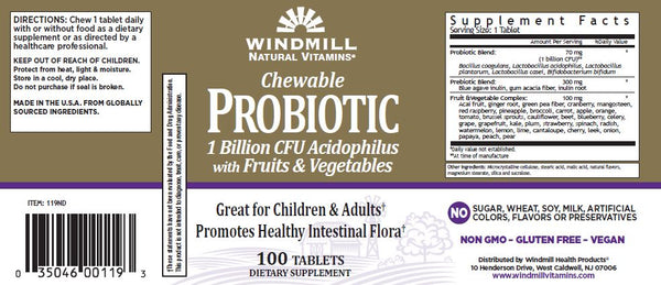 Windmill Natural Vitamins Chewable Probiotic 1 Billion CFU Acidophilus with Fruits and Vegetables