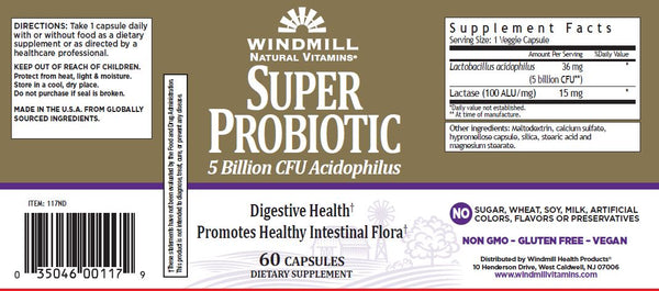 Windmill Natural Vitamins Super Probiotic Plus with Acidophilus (5 Billion CFU) 60 Capsules