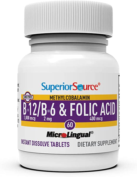 Superior Source No Shot Vitamin B12 Methylcobalamin (1000 mcg), B6, Folic Acid, Quick Dissolve Sublingual Tablets, 60 Ct