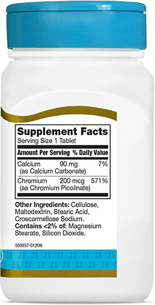 21st Century Chromium Picolinate 200 mcg Tablets, 100 Count