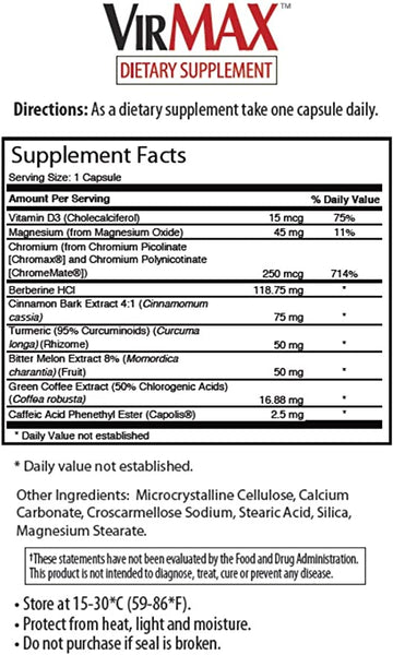 VirMAX Blood Sugar Stabilization Formula, Blood Sugar Control, Glucose Tolerance, Daily Supplement, 30 Capsules