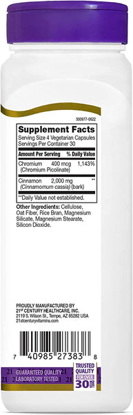 21st Century Cinnamon 2000 mg Per Serving Plus Chromium Vegetarian Capsules 120 count