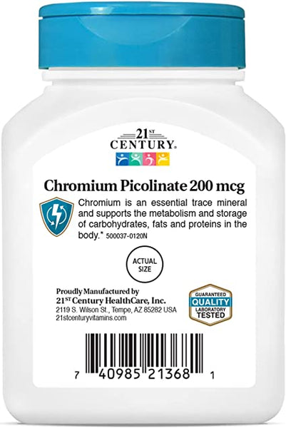 21st Century Chromium Picolinate 200 mcg Tablets, 100 Count