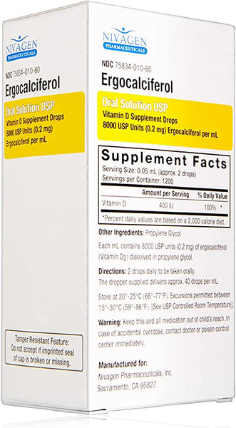 Nivagen Ergocalciferol Oral Vitamin D Supplement Drops, 8000 USP, 60 mL