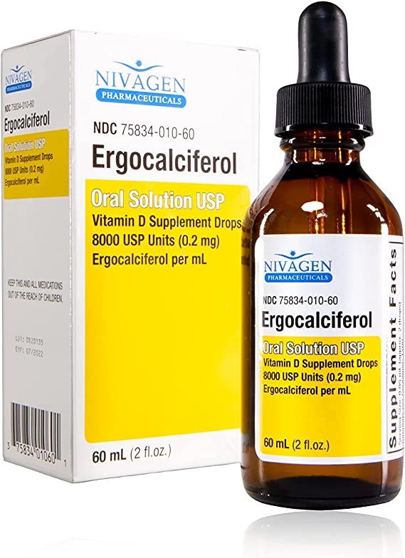 Nivagen Ergocalciferol Oral Vitamin D Supplement Drops, 8000 USP, 60 mL