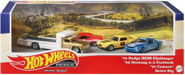 Hot Wheels Premium Collector Set Includes 70 Dodge Challenger Hemi, 65 Mustang 2+2 Fastback, 70 Camaro and Retro Rig