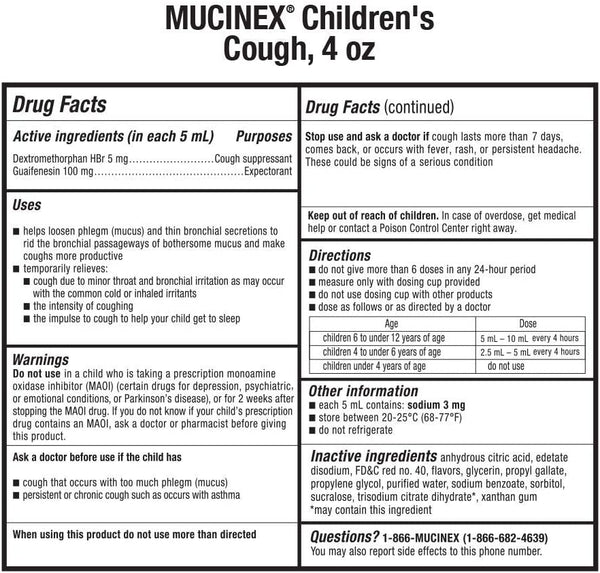 Mucinex Children's Expectorant Cough Suppressant Cherry 4.0 Fl Oz