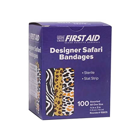 American White Cross Designer Adhesive Bandages, Sterile, Designer Safari, 3 per 4" x 3"