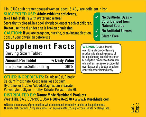 Nature Made Iron 65 mg (325 mg Ferrous Sulfate) 180 Tablets
