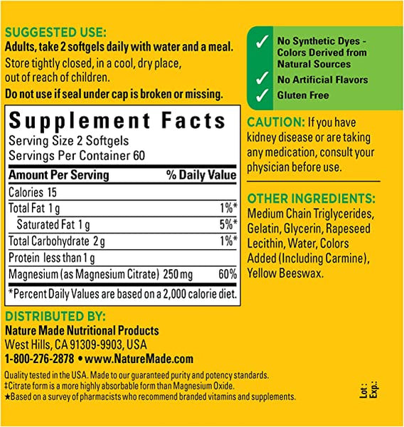 Nature Made Magnesium Citrate 250 mg 120 Softgels