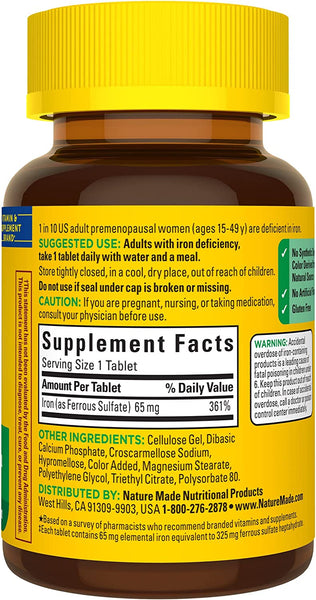 Nature Made Iron 65 mg (325 mg Ferrous Sulfate) 180 Tablets
