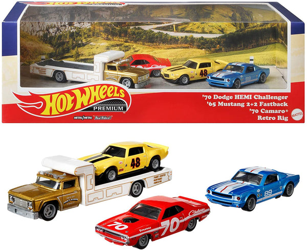Hot Wheels Premium Collector Set Includes 70 Dodge Challenger Hemi, 65 Mustang 2+2 Fastback, 70 Camaro and Retro Rig
