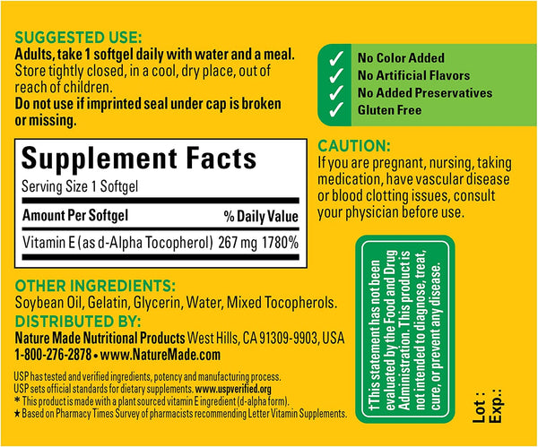 Nature Made Vitamin E 267 mg (400 IU) d-Alpha,100 Softgels