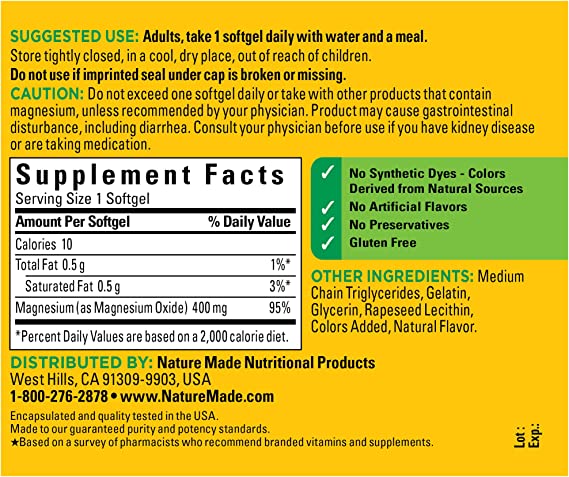 Nature Made Extra Strength Magnesium Oxide 400 mg 60 Softgels