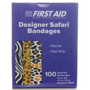 American White Cross Designer Adhesive Bandages, Sterile, Designer Safari, 3 per 4" x 3"