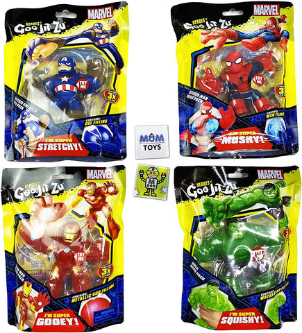 Marvel Heroes of Goo JIT Zu 4 Pack with Spider-Man, Hulk, Iron Man, Captain America and 2 My Outlet Mall Stickers