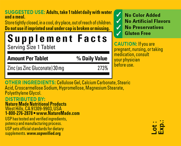 Nature Made Zinc Tabs  30 mg  100 count