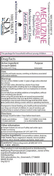 SDA Labs Meclizine HCI 25 mg Chewable Tablet Raspberry Flavor