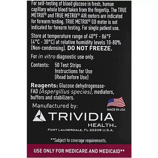 True Metrix Medi Medi Self-Monitoring Blood Glucose 50 Test Strips